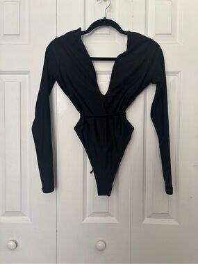 Forever 21 Black Long-Sleeve Deep V One-Piece Swimsuit